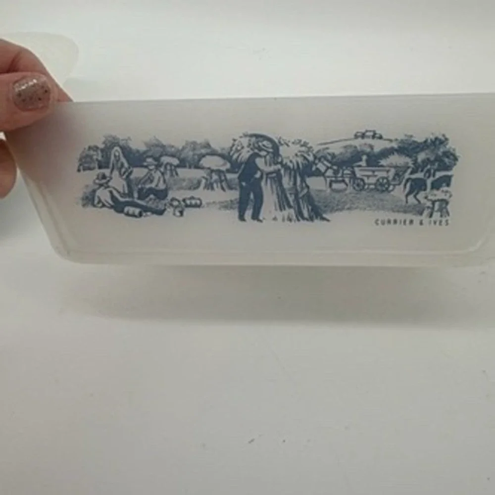 Vintage Currier Ives Milk Glass Blue Scenic Farm Loaf Pan Divided Casserole Dish